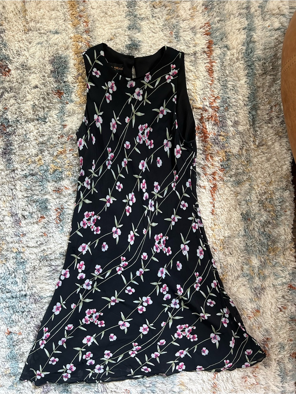 Vintage Floral A-Line Sleeveless Dress - Black with Pink Blossoms